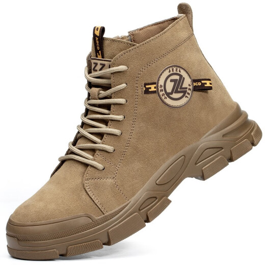 
Jiuzhou War Wolf High-top Labor Protection Shoes Men's Anti-Smash Anti-Puncture Anti-Scald Welding Boots Anti-Slip Anti-Wear Autumn and Winter Work Shoes 698 Khaki [Reverse Fleece Cowhide] Steel Toe 40