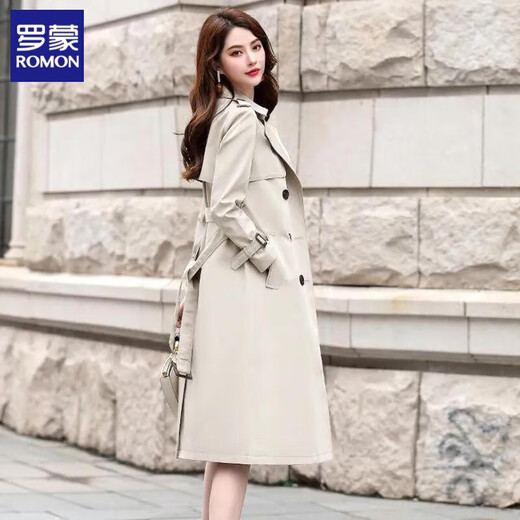 ROMON Lined Windbreaker Women's Mid-Length 2025 Autumn New Korean Style High-Quality Coat Women's Versatile Over-the-Knee Jacket Navy Lined L Recommended 116-130 Jin Jin equals 0.5 kg