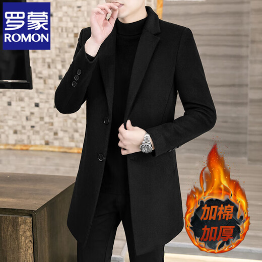 ROMON Woolen Woolen Coat Men's Slim Mid-Length Windbreaker Autumn and Winter Thickened New Woolen Men's Jacket Korean Version Black Thickened L
