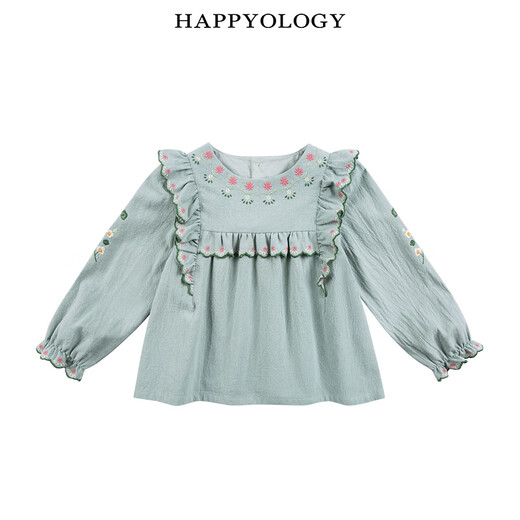 Happyology British children's girls' children's clothing ruffled shirt cotton contrast embroidered big children's top bean pink green 92 (92cm)