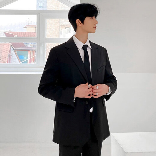 An Chuxia business professional formal casual suit men's spring and autumn Korean version slim small suit male student class uniform black suit + short shirt + black trousers + tie L Follow for free tie