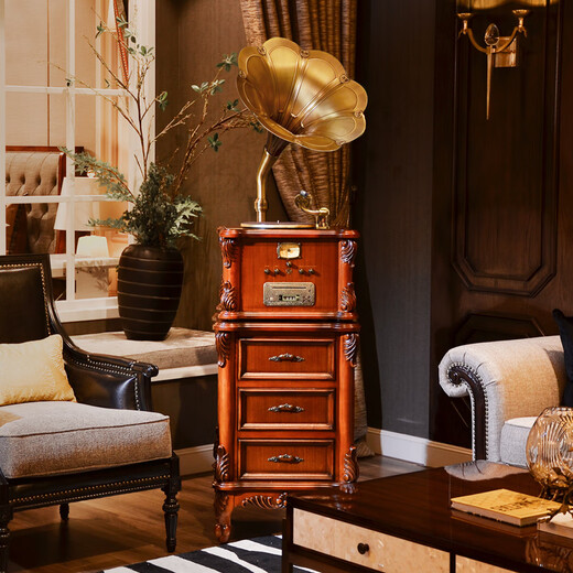 Vannessy European retro antique 62X gramophone vinyl record player old-fashioned record player with CD subwoofer living room Bluetooth audio British brown drawer turbine version (copper horn)