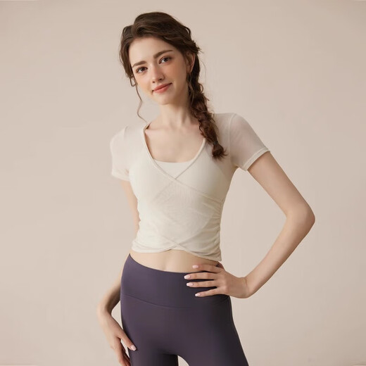 Youyou Yoga Wear Summer Fitness Wear for Women New Style Pilates Training Wear with Chest Pad Mesh Top Set 33029 Fengxin Purple Two-piece Set + Gray Yoga Pants XL