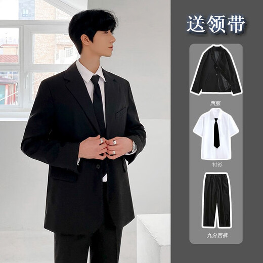 An Chuxia business professional formal casual suit men's spring and autumn Korean version slim small suit male student class uniform black suit + short shirt + black trousers + tie L Follow for free tie