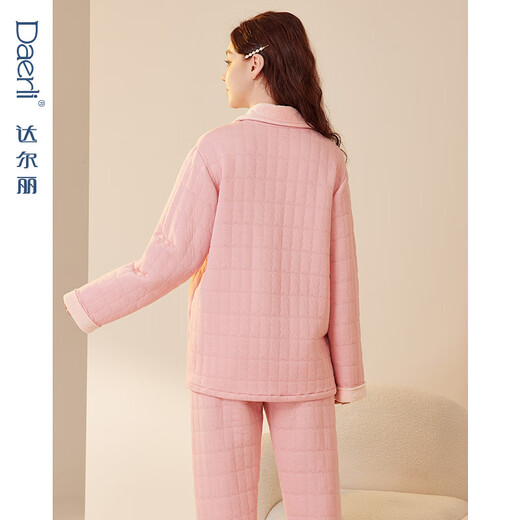 Darli three-layer air cotton quilted pajamas for couples autumn and winter pure cotton long-sleeved men and women warm thick sandwich home wear set T8235105-065-medium pink female XL