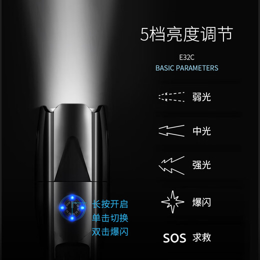 Smiling Shark E32 strong light long-range rechargeable flashlight P70P90 high power 26650 ultra-bright zoom waterproof outdoor outdoor lighting P90 wick telescopic dimming with 2 26650 batteries