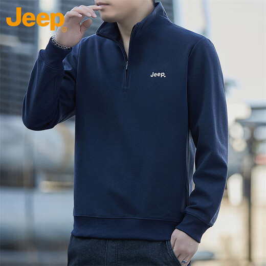 Jeep (JEEP) sweatshirt men's autumn and winter loose stand-up collar long-sleeved T-shirt men's heavy trend clothing men's navy blue 2XL