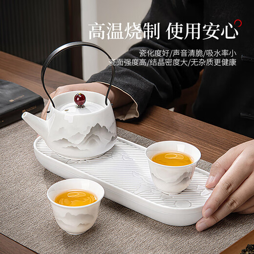 Chuwu mutton fat jade porcelain tea set with tea tray for home office teapot white porcelain tea cup three-piece set high-end dry infusion tray