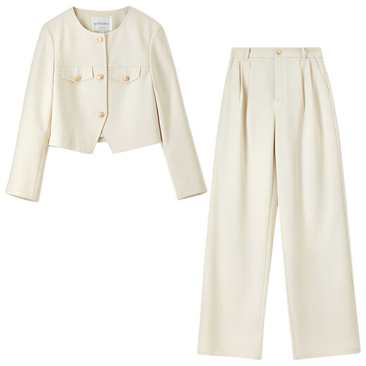 Shandubila's new high-end, fashionable and elegant round-neck top, slim pleated wide-leg pants suit, apricot M