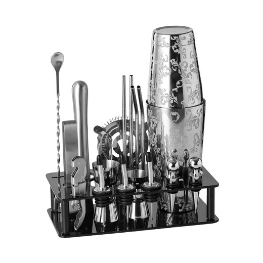 Huili's custom-made Black Warrior cocktail shaker set with engraved Boston volume shaker cocktail bar utensils stainless steel shaker cup and kettle mirror-light two-stage 14-piece set 304 stainless steel Boston kettle (bright black