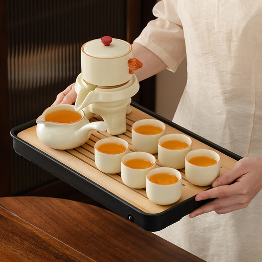 Home Relaxation Beige Ru Kiln Tea Set Home Light Luxury Lazy Tea Making Artifact Automatic Teapot Rotating Water Discharge 9-piece Set