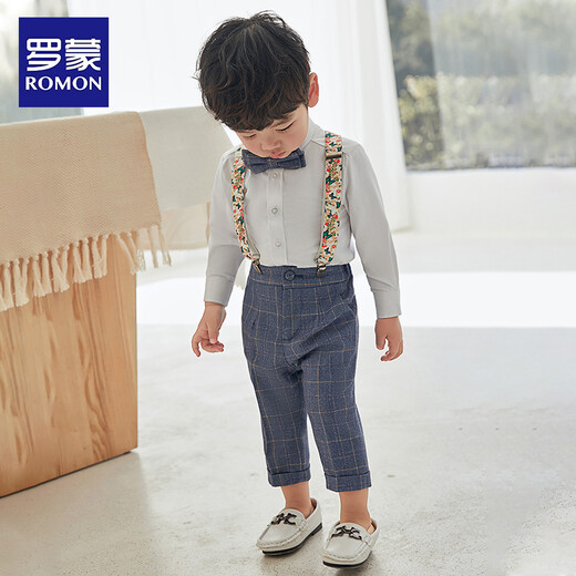 Luo Meng children's suit suit boy's first birthday dress baby boy three-piece flower girl suit suit summer long suspender four-piece suit shirt + trousers + suspender + bow tie 80