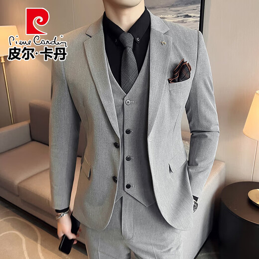 皮尔卡丹（pierre cardin）新郎西服套装男士商务职业正装结婚礼服痞帅休闲修身大码西装男 SJT9889黑色三件套(西服+西裤+马甲) M 身高155-170\体重90-110斤