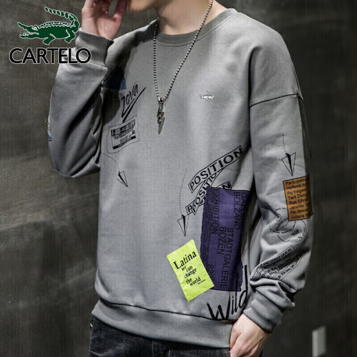 Cardile Crocodile Sweater Men's Trendy 2022 Spring and Autumn Korean Style Hong Kong Style Loose Trend Teenagers Graffiti Print Sweater Men's Round Neck Casual Men's Wear Light Gray XL