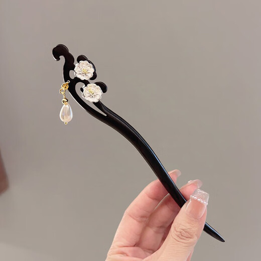 Two generations of happy Chinese style black sandalwood hairpins for women, new Chinese style flower tassel hairpins, ancient style high-end hair accessories, daily gifts, double-sided sandalwood hairpins