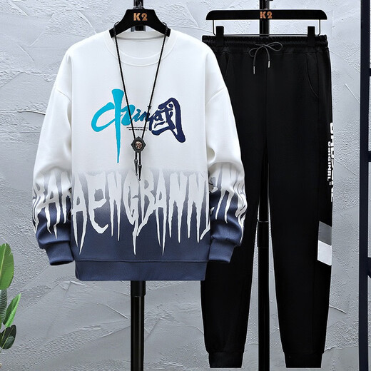 柏乐迪13岁男孩春秋款棉卫衣15初中学生长袖T恤16青少年大童打底衫上衣 683-k556白色（卫衣+裤子） 175 2XL（建议体重140-160斤）