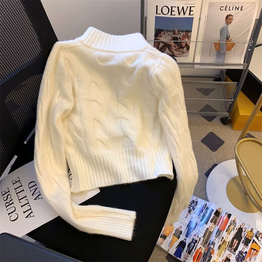Reserved style knitted sweater for women Korean style retro cable tie stand collar sweater jacket for women autumn and winter age-reducing chic embroidered college style top white high quality M 95105Jin Jin is equal to 0.5 kg