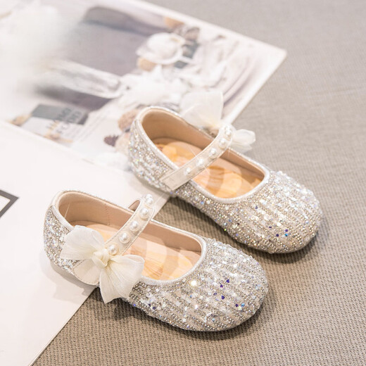 Muni Girls Princess Shoes Spring and Summer Crystal Shoes Children's Shoes 2025 New Autumn and Winter Shiny Dresses Soft Sole Baby Girls Off-White Size 30 Inner Length 19cm