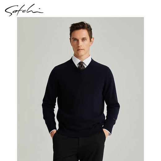 SATCHI Men's Sweater Autumn New Light Mature Style V-neck Cashmere Sweater 100% Cashmere Navy 48