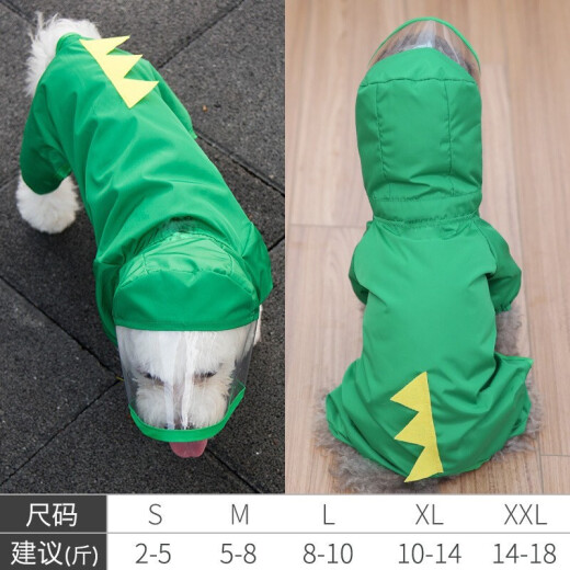 CHUXINGJIA dog raincoat all-inclusive cartoon waterproof four-legged puppy autumn and winter pet clothes Teddy transparent raincoat pet green dinosaur XL (chest 59cm back length 41cm)