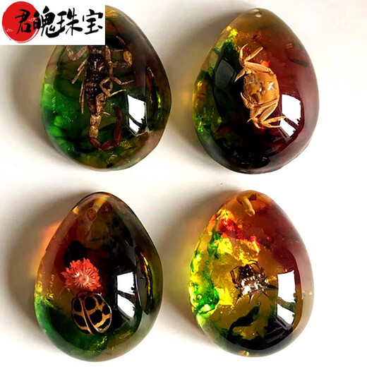 Junpo Natural Real Insect Colorful Amber Water Drop Pendant Scorpion Butterfly Sweater Chain Men's and Women's Accessories Spider Raw Stone Gift Colorful Scorpion Double-sided Rope Style