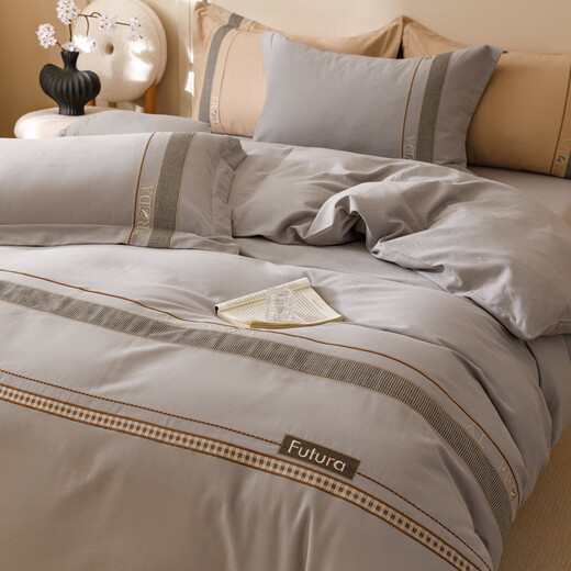 Mercury series home textiles Class A pure cotton thickened four-piece set 100 cotton brushed houndstooth embroidered quilt cover high-end bedding Hot style Class A pure cotton thickened/houndstooth-khaki gray 1.8 bed style four-piece set-quilt cover 200x230