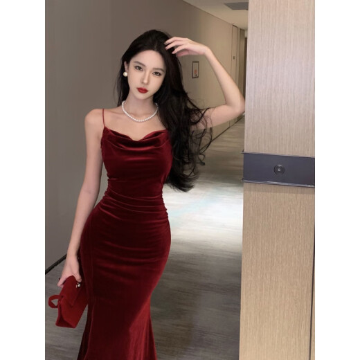 以欧（YIOU）法式复古年会晚会生日礼服收腰紧身开叉包臀吊带裙内搭长裙9737 黑色 S