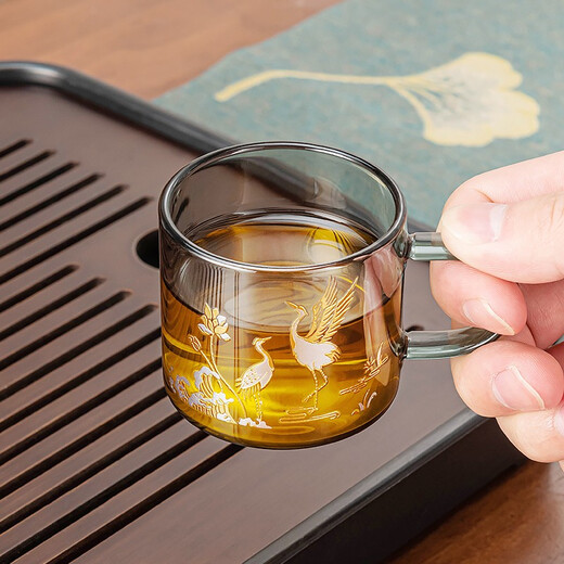 Zhengyang glass tea set small set household kung fu tea cup side handle teapot tea set complete set simple office meeting guests drinking tea ash trapezoid intuition-6 color handle cup lotus crane 10 pieces