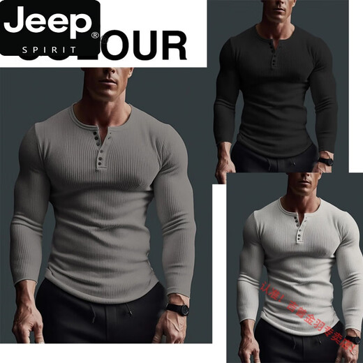 JEEP SPIRIT Hard Guy européen et américain Ami kaki T-shirt américain rétro lourd col Henry chemise de base courte à manches longues pour hommes gris foncé L