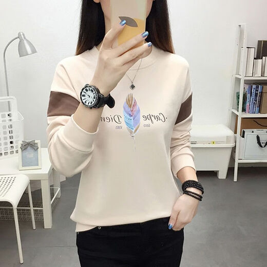 Женская толстовка ZHIDOUDOU весной и осенью 2024 года, модный новый бренд высокого класса, новые универсальные топы с длинными рукавами для женщин, свободные, тонкие, 6227, абрикосовый, 5XL, м рекомендуется 85-Jin Jin, вес 0,5 кг.