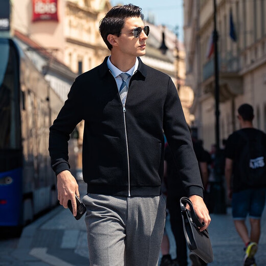 
Mr. Cloth lapel knitted wool jacket men's spring and autumn double-sided pocket cardigan sweater YS12131 black M (170)
