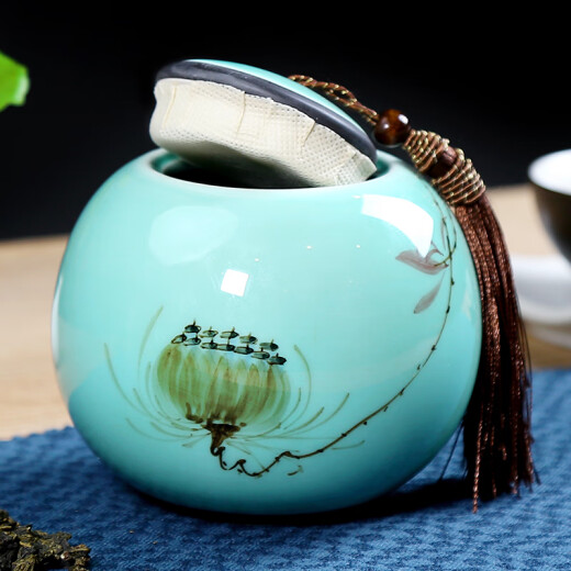 Yanyi celadon hand-painted tea jar ceramic portable Pu'er tea jar large tea box storage tea jar Kung Fu tea set accessories Qinglian (heart)