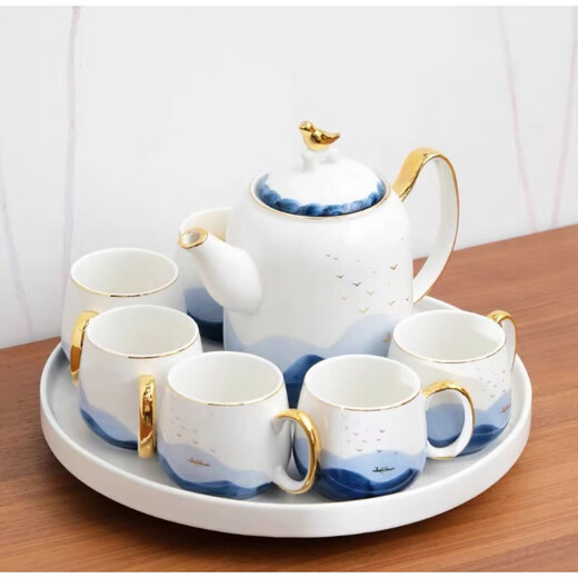 Yanze Guochao style ink ceramic water cup teapot kettle teacup cup set home living room hospitality tea set water set Guochao style ink eight-piece set-gift box
