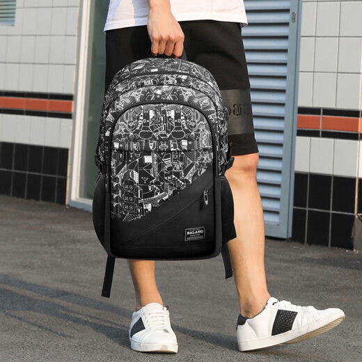 Barang backpack men's backpack large capacity fashion trend graffiti print high school student junior high school student college bag lightweight burden reduction spine protection water repellent standard size graffiti black and white standard size plus size