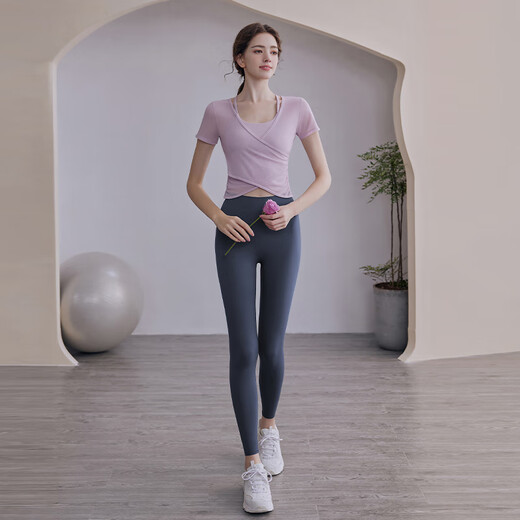 LULUUVTTOH yoga clothing tops for women in summer, high-end professional fitness clothing, Pilates suit, new style with chest pad, short-sleeved, hyacinth purple short-sleeved two-piece set, top + vest S