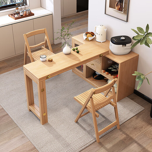 Siguyuan Solid Wood Folding Dining Table and Sideboard Integrated Small Household Dining Table Retractable Living Room Storage Cabinet Complete 1.2 Meter Single Sideboard (Walnut Color) Self-installation