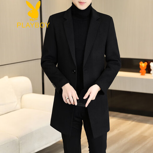Playboy (PLAYBOY) woolen men's mid-length cashmere windbreaker autumn and winter coat men's business casual woolen high-end coat men black suit collar M