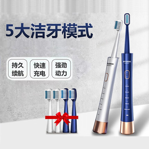 HYUNDAI Electric Toothbrush Adult Rechargeable Couple Set Sonic Fully Automatic Soft-Bristled Men and Women Men's and Women's Valentine's Day Gift Couple Set White + Blue Total 6 Brush Heads
