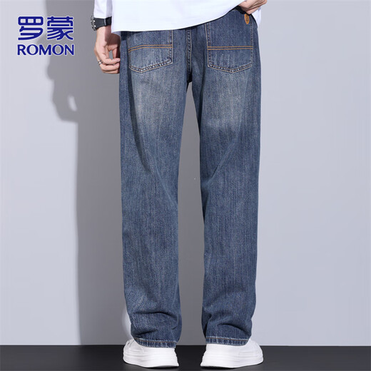 罗蒙（ROMON）牛仔裤男秋冬季休闲裤子男士直筒裤宽松阔腿男裤子 怀旧蓝 33
