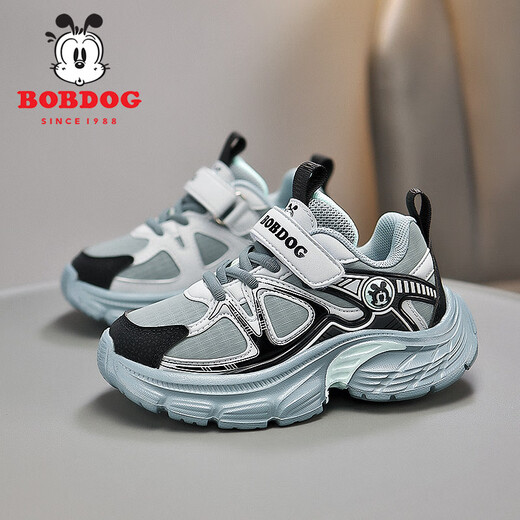 巴布豆（BOBDOG）童鞋网面透气男童运动鞋2025春新款皮面跑步鞋儿童鞋子男童老爹鞋 黑灰(皮面) XT-K674 34 码 (内长22.0厘米)