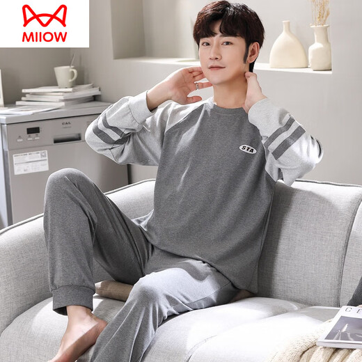 猫人（MiiOW）睡衣男春秋季纯棉长袖青少年学生全棉大码休闲夏季薄款家居服套装 Q6625网球黑 男款XL【135-155斤】