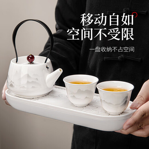 Chuwu mutton fat jade porcelain tea set with tea tray for home office teapot white porcelain tea cup three-piece set high-end dry infusion tray