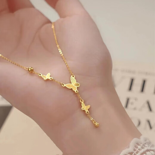 WSAY18K Gold Butterfly Pendant Fashionable Golden Necklace Women's 999 Tassel Set Chain 3D Hard Gold Clavicle Butterfly Tassel Necklace