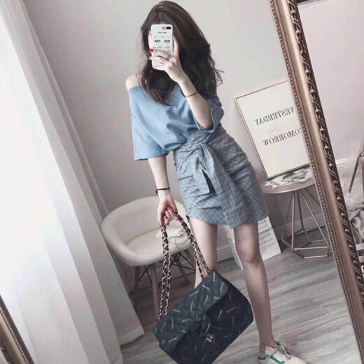 missnitaly new summer style off-shoulder top, short skirt, petite skirt, one-shoulder suit, two-piece sexy dress, female blue M