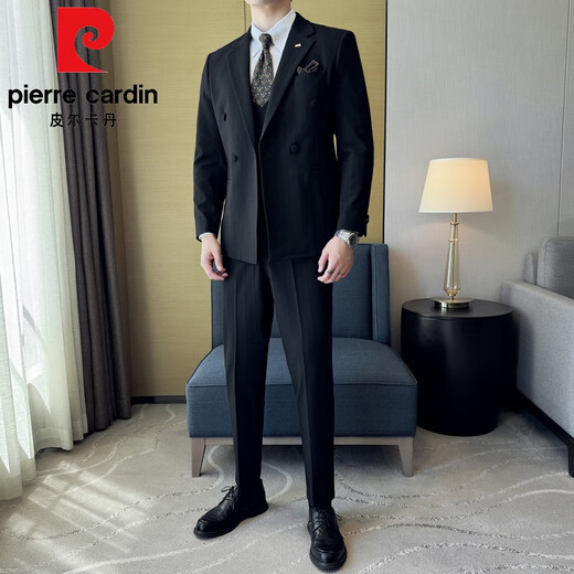 Pierre Cardin double-breasted groom's suit men's wedding casual banquet formal suit business slim dress three-piece set black 3XL (56 suitable for 155-169 Jin Jin equals 0.5 kg)