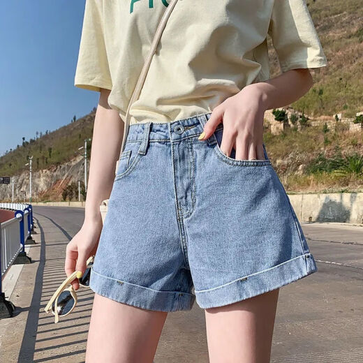 Wang Ximai denim shorts women's summer thin style 2023 new straight high waist thick legs slimming wide leg a-line shorts A802 light blue shorts S recommended within 95Jin [Jin equals 0.5kg]