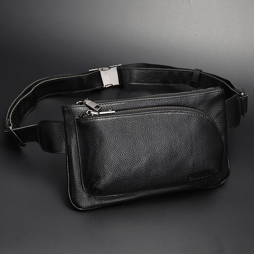 Kangaroo genuine leather men's waist bag mobile phone bag Korean style trendy first-layer cowhide chest bag multi-functional outdoor sports shoulder crossbody bag plain black Napa calfskin