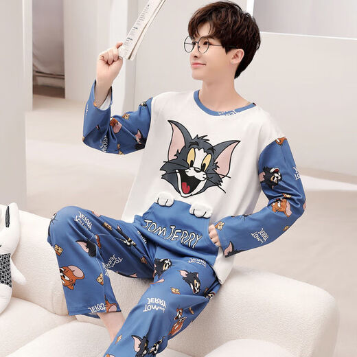 LangSha Youth Pajamas Men's Cartoon Long Sleeve Suit Spring and Autumn Thin Junior High School Students and High School Students Dormitory Home Clothes A Long Sleeve Men 1283 SpongeBob SquarePants. XL Standard (120-140 Jin Jin equals 0.5 kg)