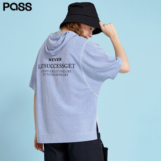 PASS trendy brand 2019 new summer dress blue back letter print hooded thin sweatshirt women's t-shirt gray blue M