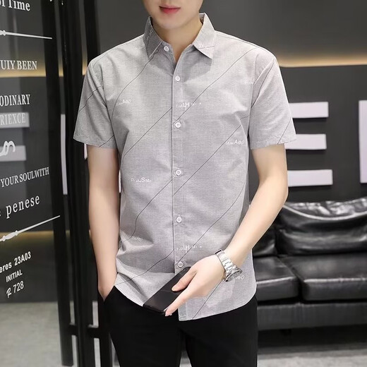 XUANLAIYA men's short-sleeved shirt jacket summer large size half-sleeved solid color casual slim Korean style trendy youth shirt men 826 blue XL